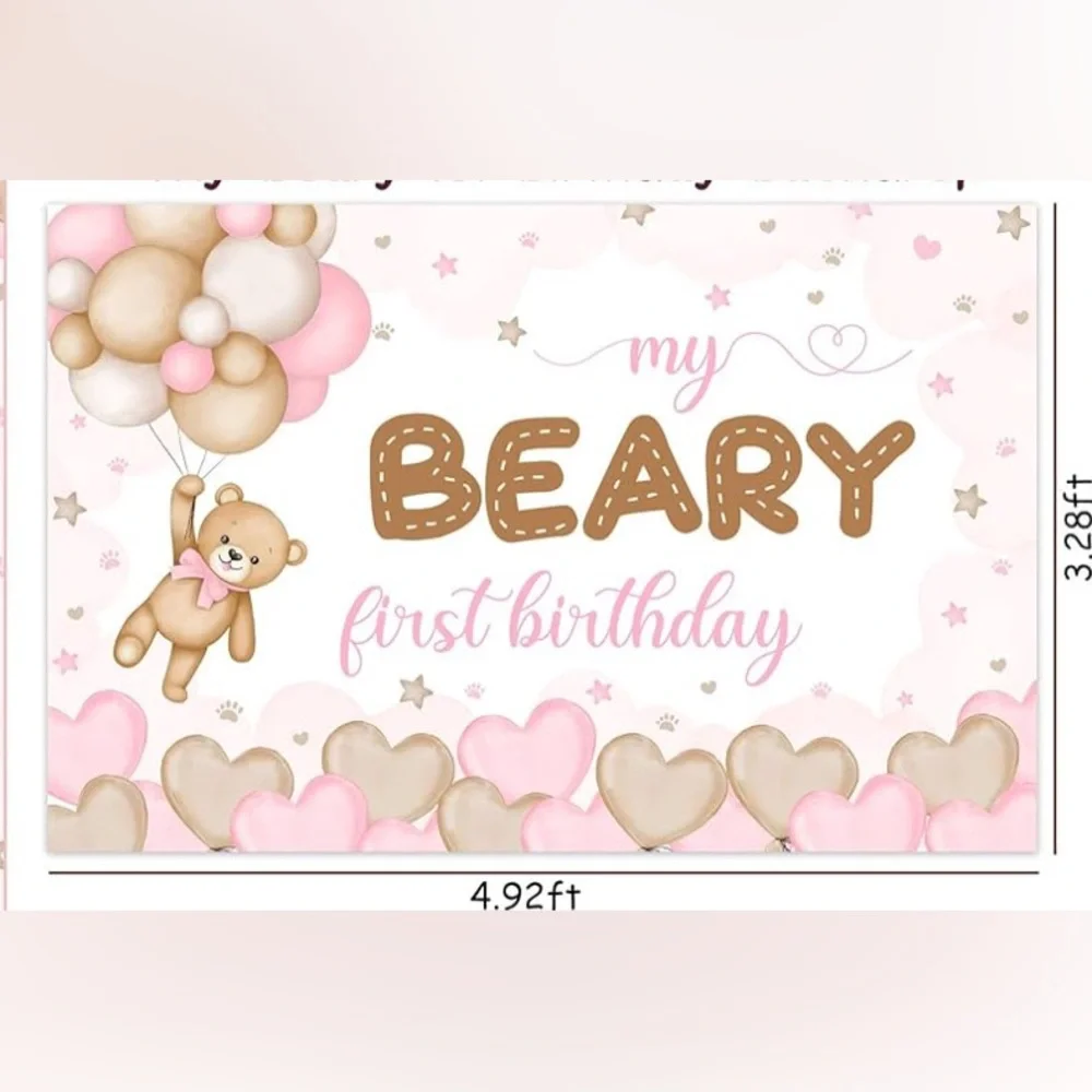 My Beary 1st Birthday backdrop,4.9 ft. x 3.28 ft.Decorations for Girls Pink Bear